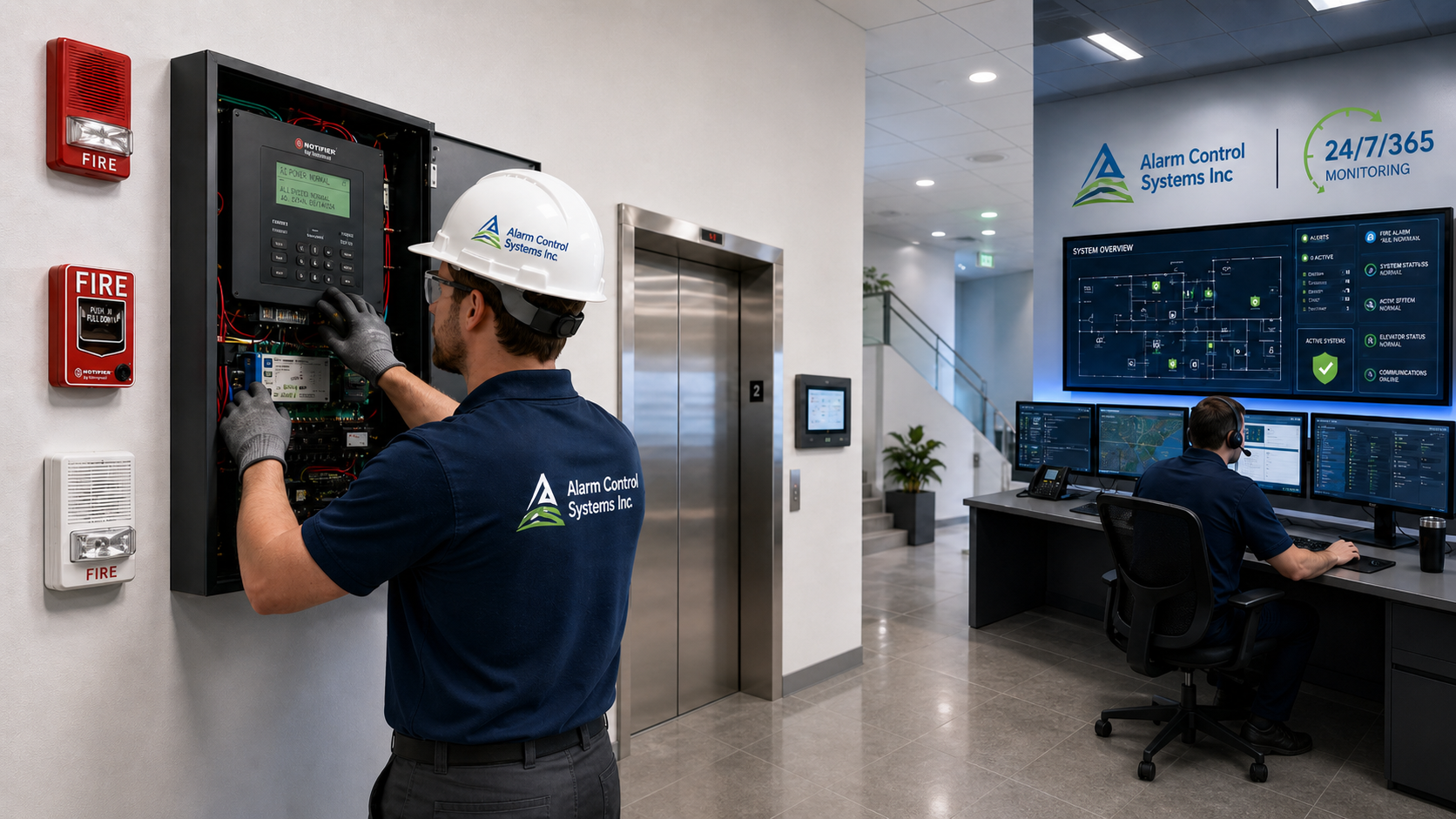 Technician installing fire alarm system with monitoring station