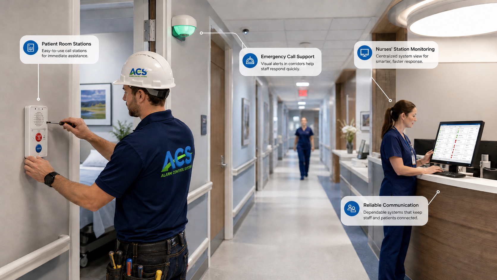 Technician installing nurse call system in healthcare facility