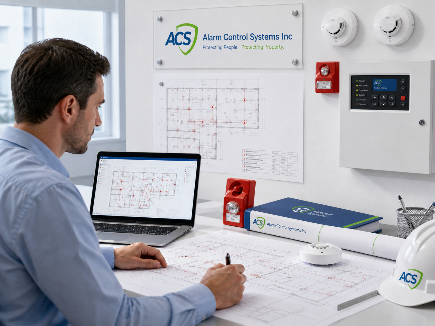 Technician reviewing fire alarm system design plans