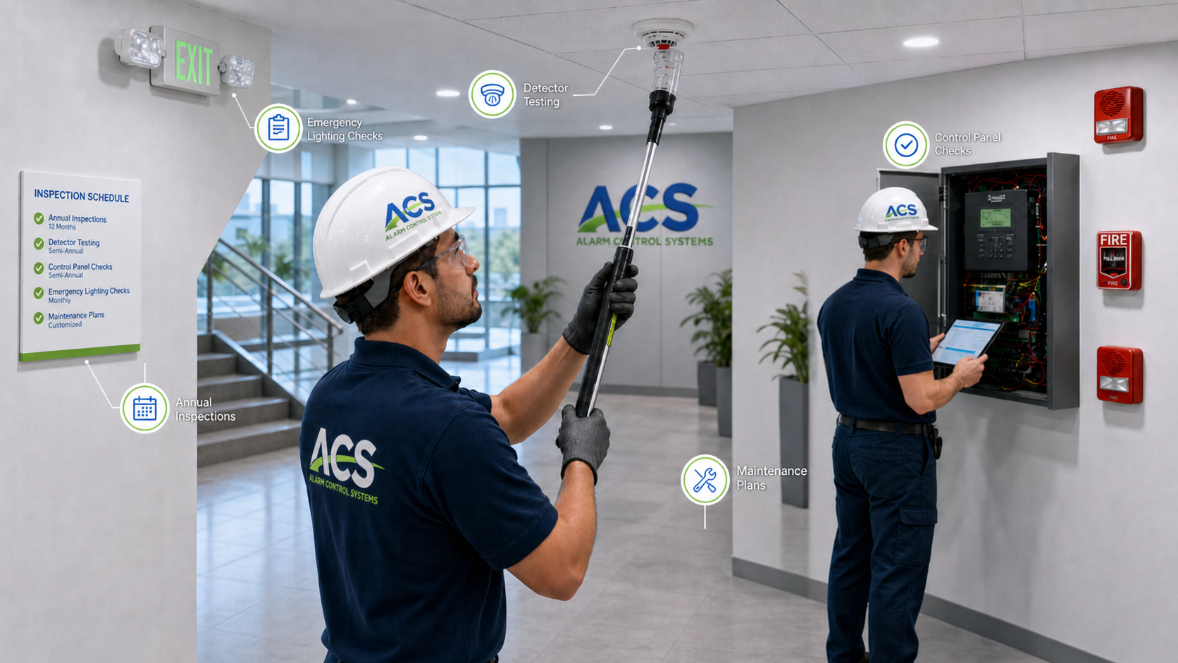 Technicians testing and maintaining fire alarm equipment