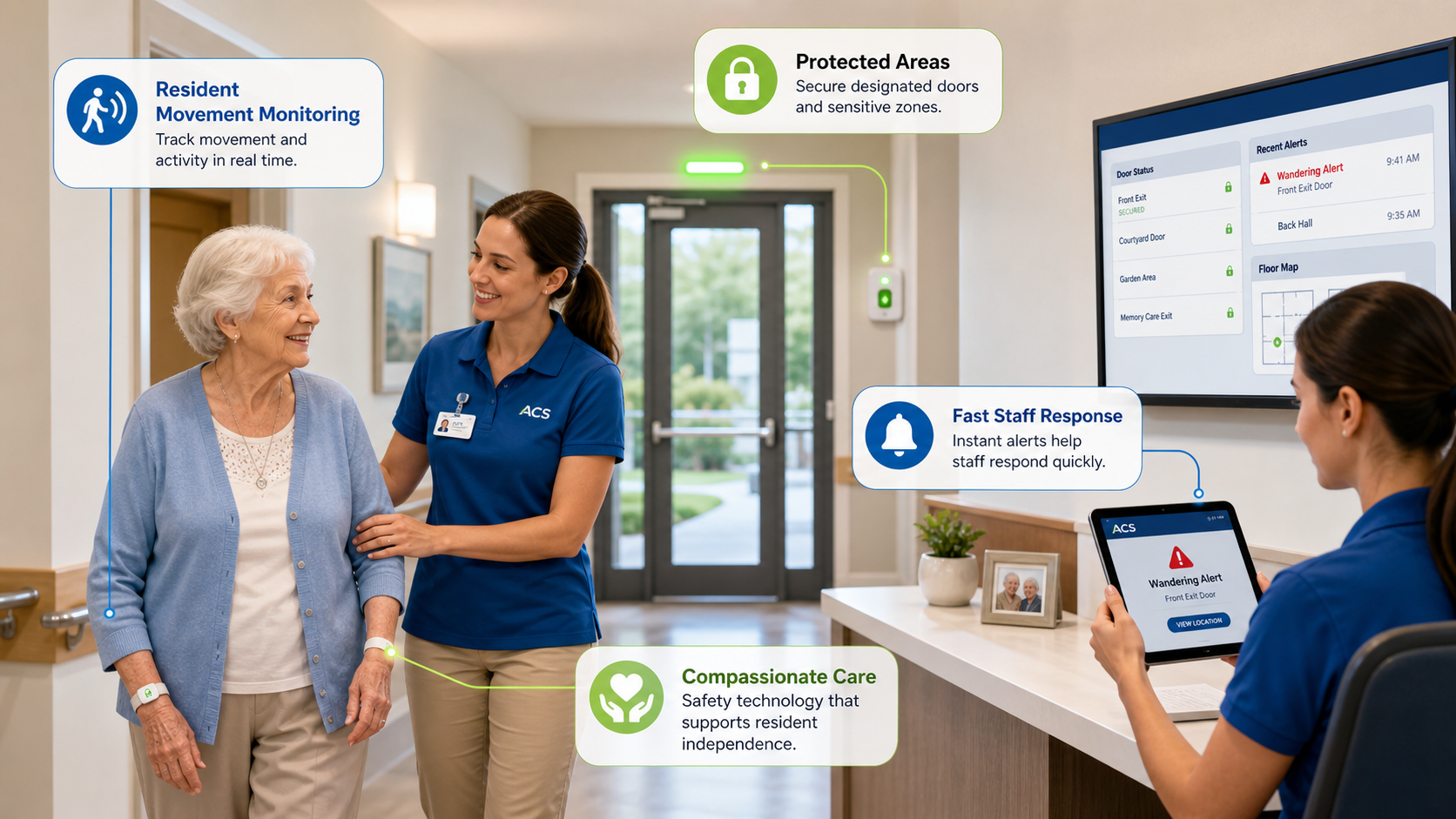 Resident safety monitoring system in senior living facility